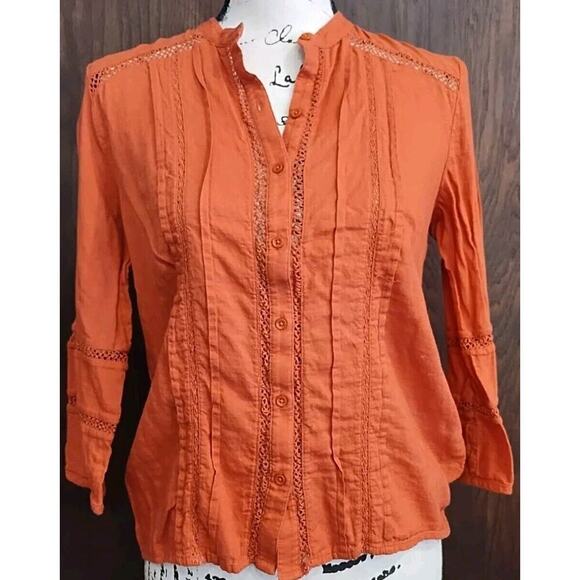 Womens XS Rust Brown Top Shirt Peasant 3/4 Sleeve Button Mandarin Casual - Picture 1 of 6